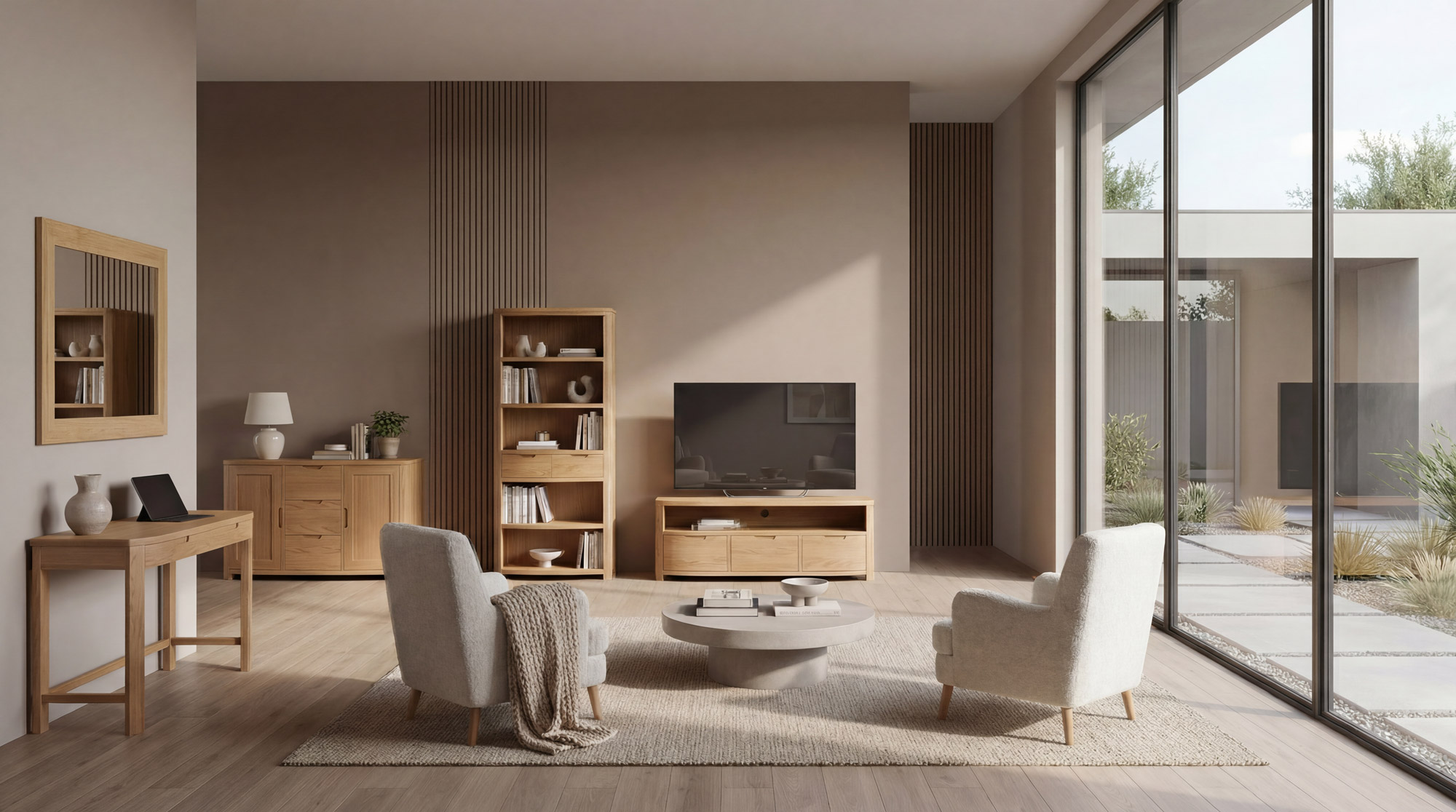 AI-Produktvisualisierung — warme, moderne Wohnraum-Szene mit Massivholzmöbeln und Tageslicht