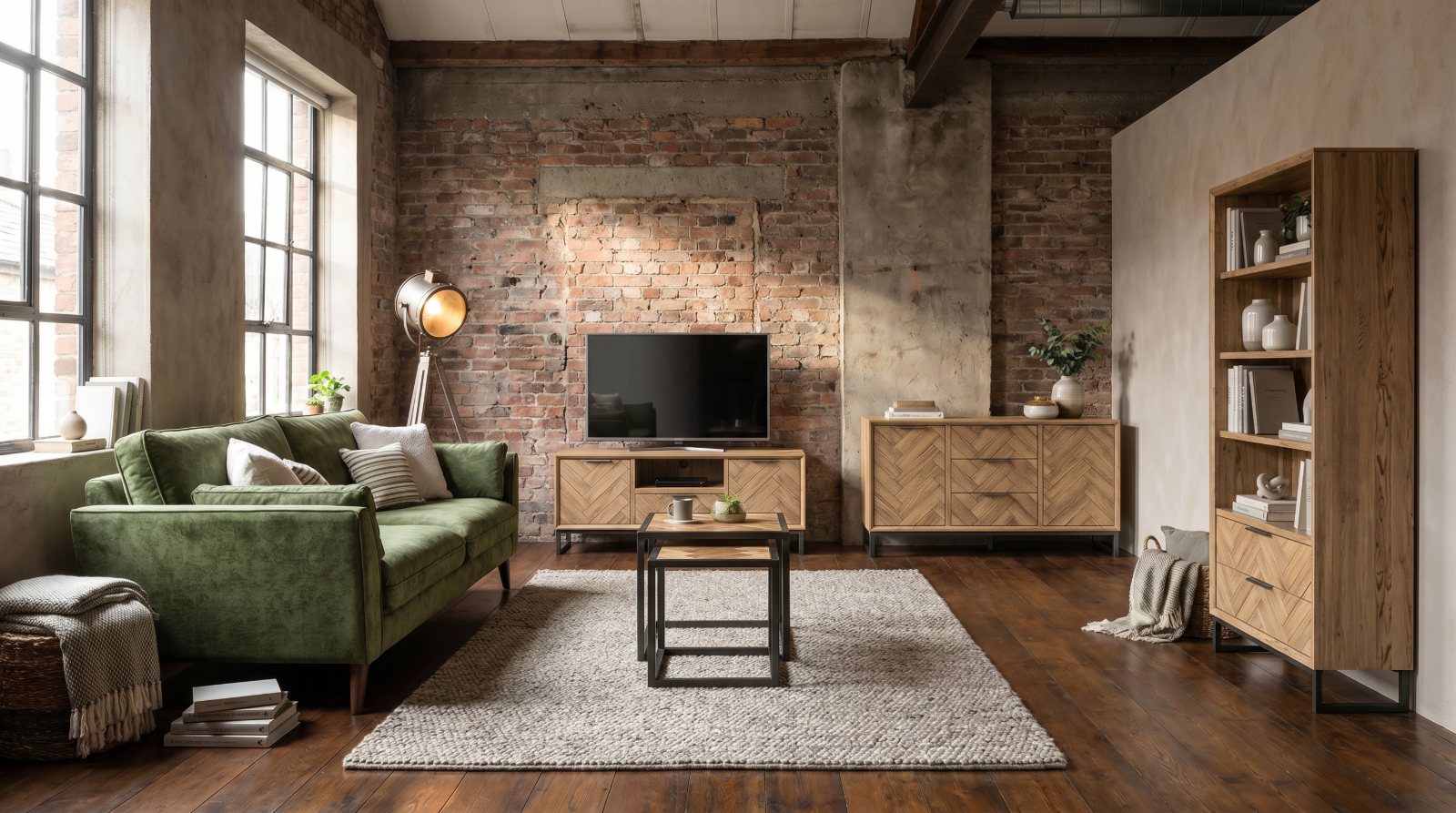 Schlafzimmer mit dunkler Wand, Massivholz-Sideboard und Nachttisch — AI-Lifestyle-Szene